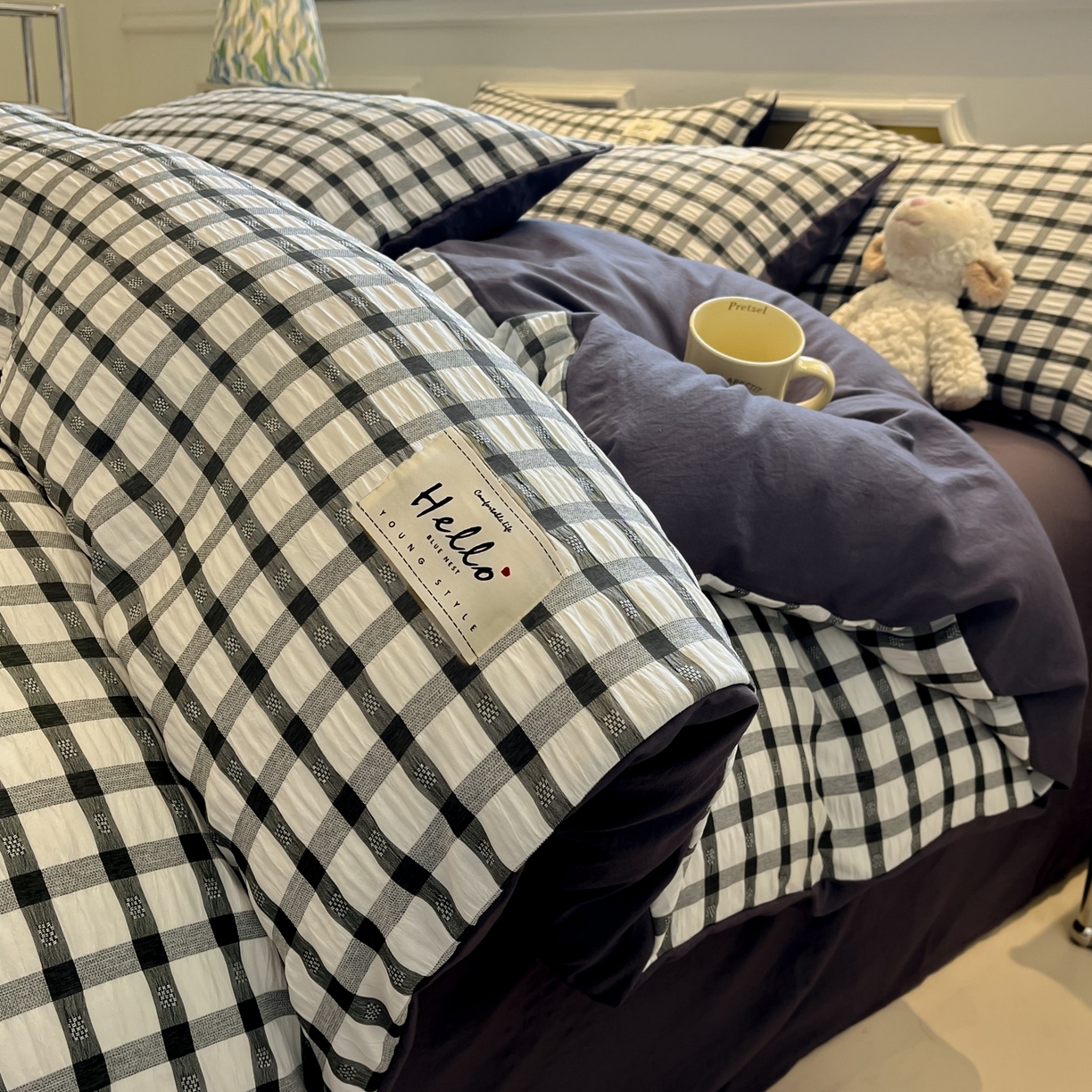 91家纺网 家纺一手货源 找家纺 顾里家纺 2025新款韩系格子阳离子泡泡纱四件套-第一组 经典黑格