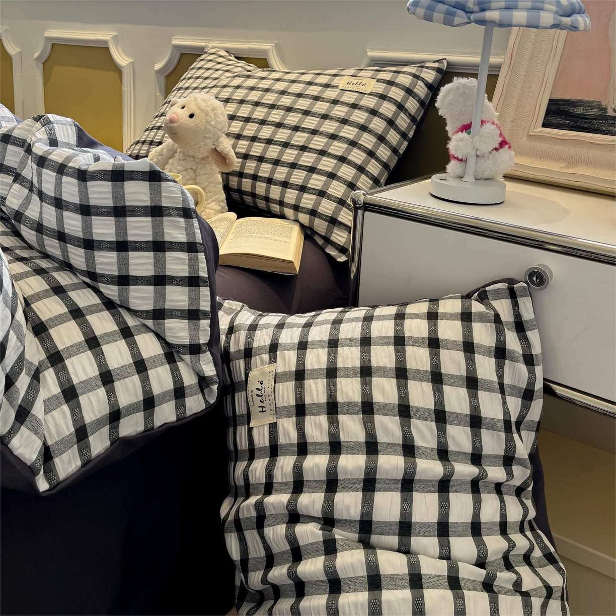 91家纺网 家纺一手货源 找家纺 顾里家纺 2025新款韩系格子阳离子泡泡纱四件套-第一组 经典黑格