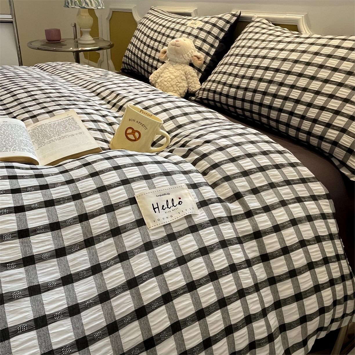 91家纺网 家纺一手货源 找家纺 顾里家纺 2025新款韩系格子阳离子泡泡纱四件套-第一组 经典黑格