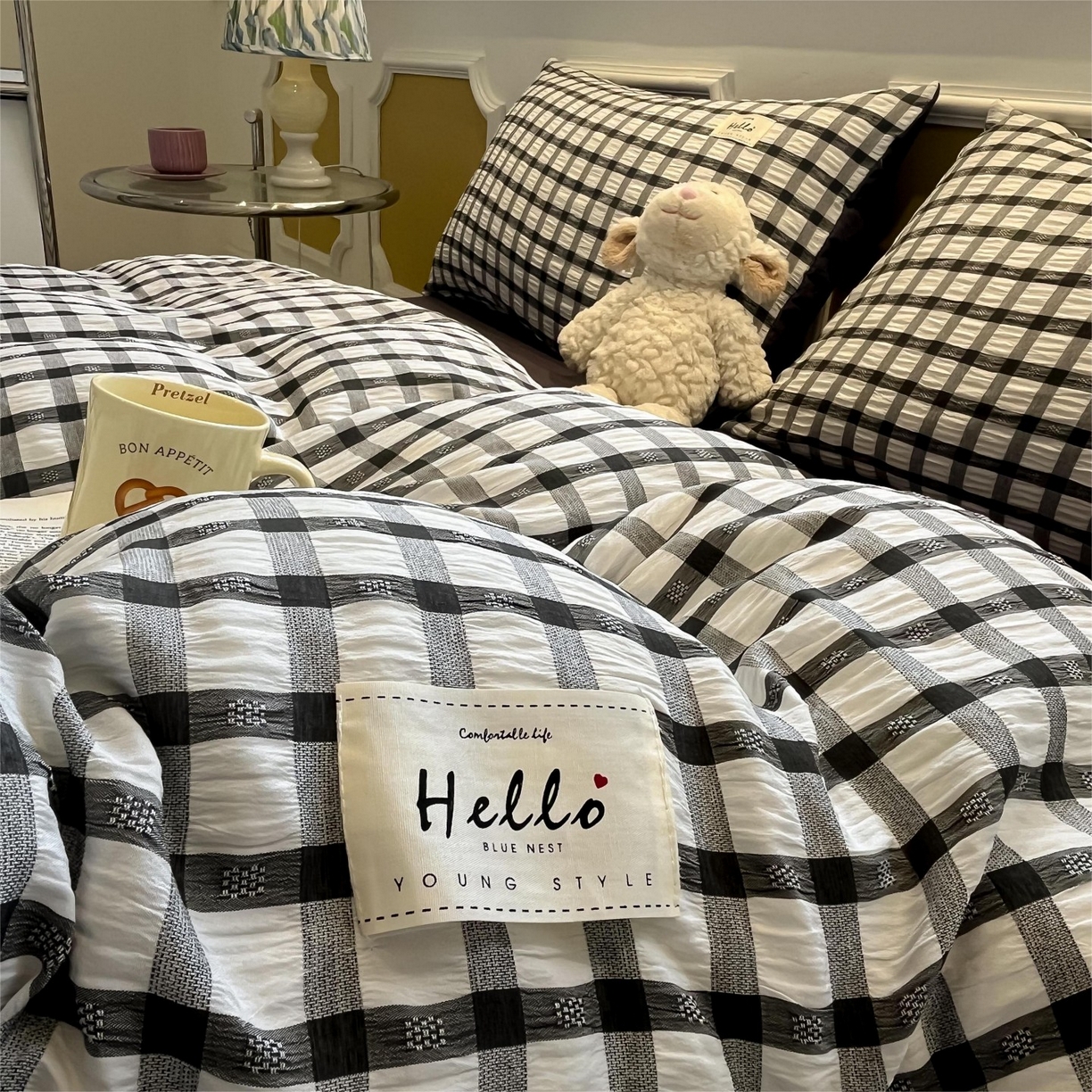 91家纺网 家纺一手货源 找家纺 顾里家纺 2025新款韩系格子阳离子泡泡纱四件套-第一组 经典黑格