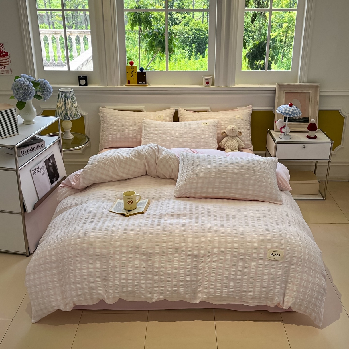 91家纺网 家纺一手货源 找家纺 顾里家纺 2025新款韩系格子阳离子泡泡纱四件套-第一组 少女粉格