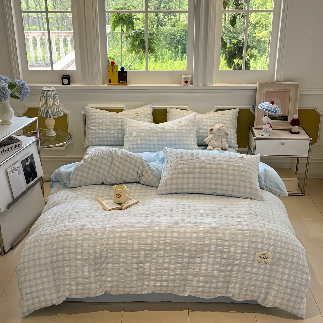 91家纺网 家纺一手货源 找家纺 顾里家纺 2025新款韩系格子阳离子泡泡纱四件套-第一组 天空蓝格