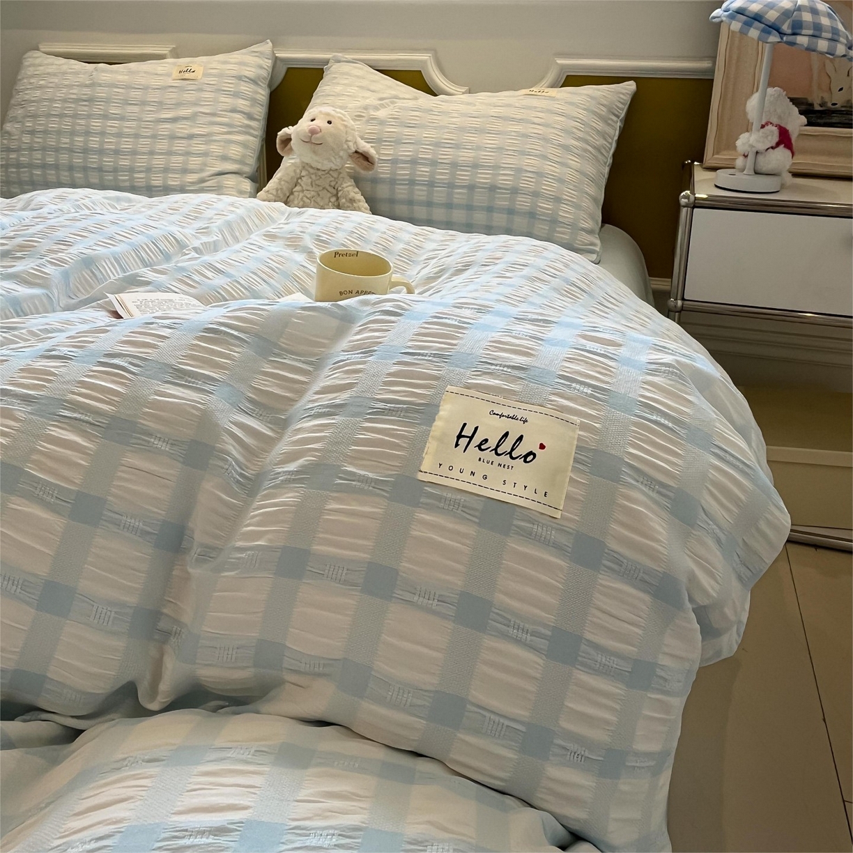 91家纺网 家纺一手货源 找家纺 顾里家纺 2025新款韩系格子阳离子泡泡纱四件套-第一组 天空蓝格