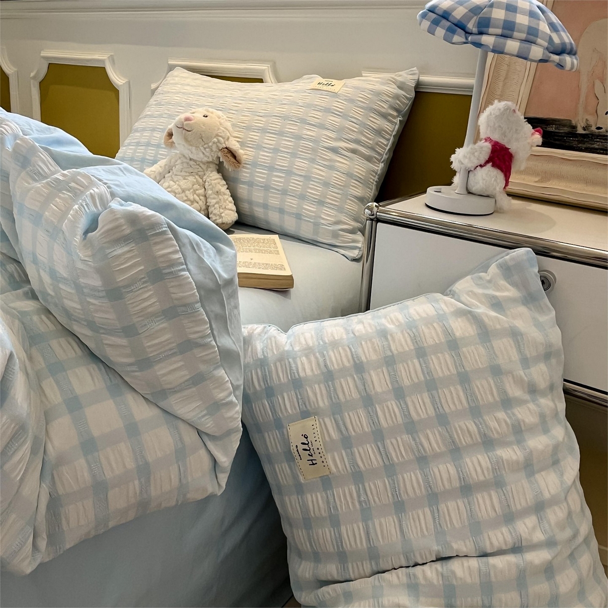 91家纺网 家纺一手货源 找家纺 顾里家纺 2025新款韩系格子阳离子泡泡纱四件套-第一组 天空蓝格