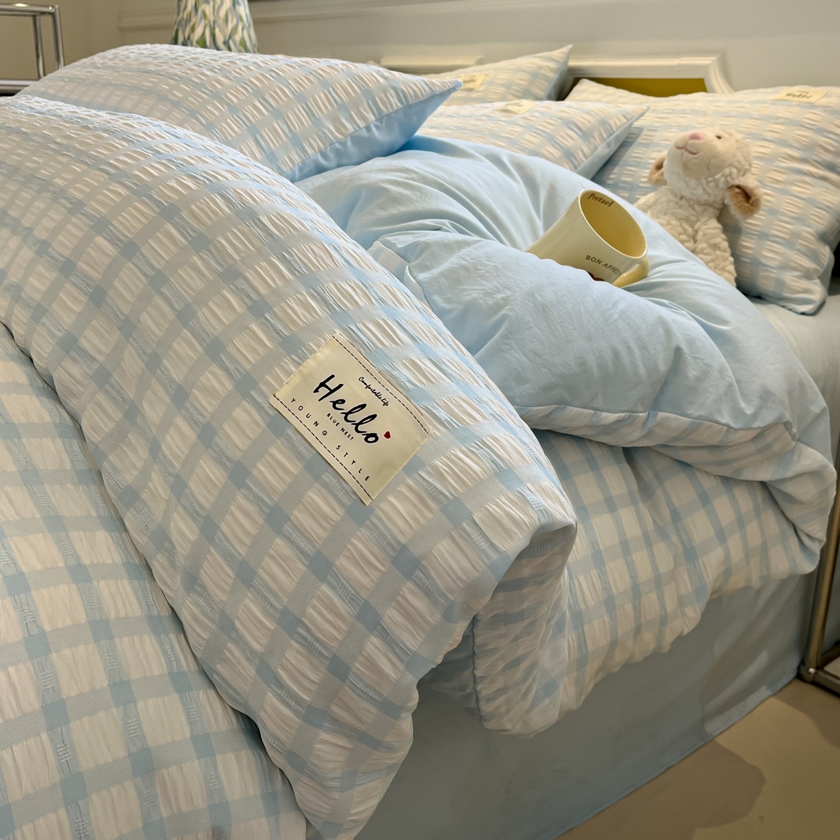 91家纺网 家纺一手货源 找家纺 顾里家纺 2025新款韩系格子阳离子泡泡纱四件套-第一组 天空蓝格