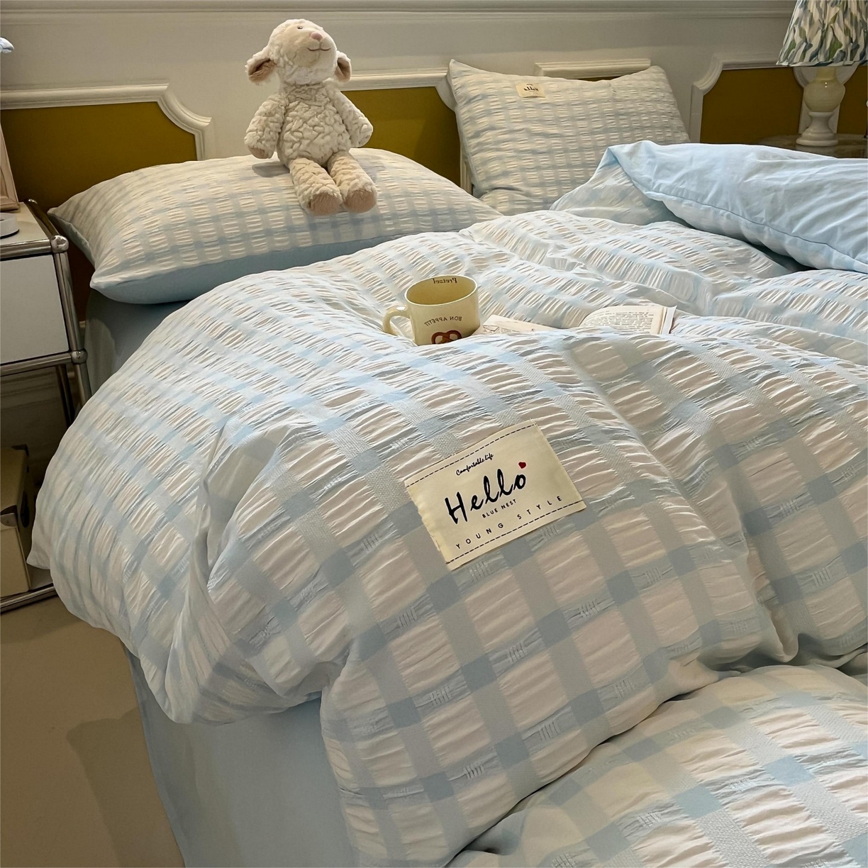 91家纺网 家纺一手货源 找家纺 顾里家纺 2025新款韩系格子阳离子泡泡纱四件套-第一组 天空蓝格