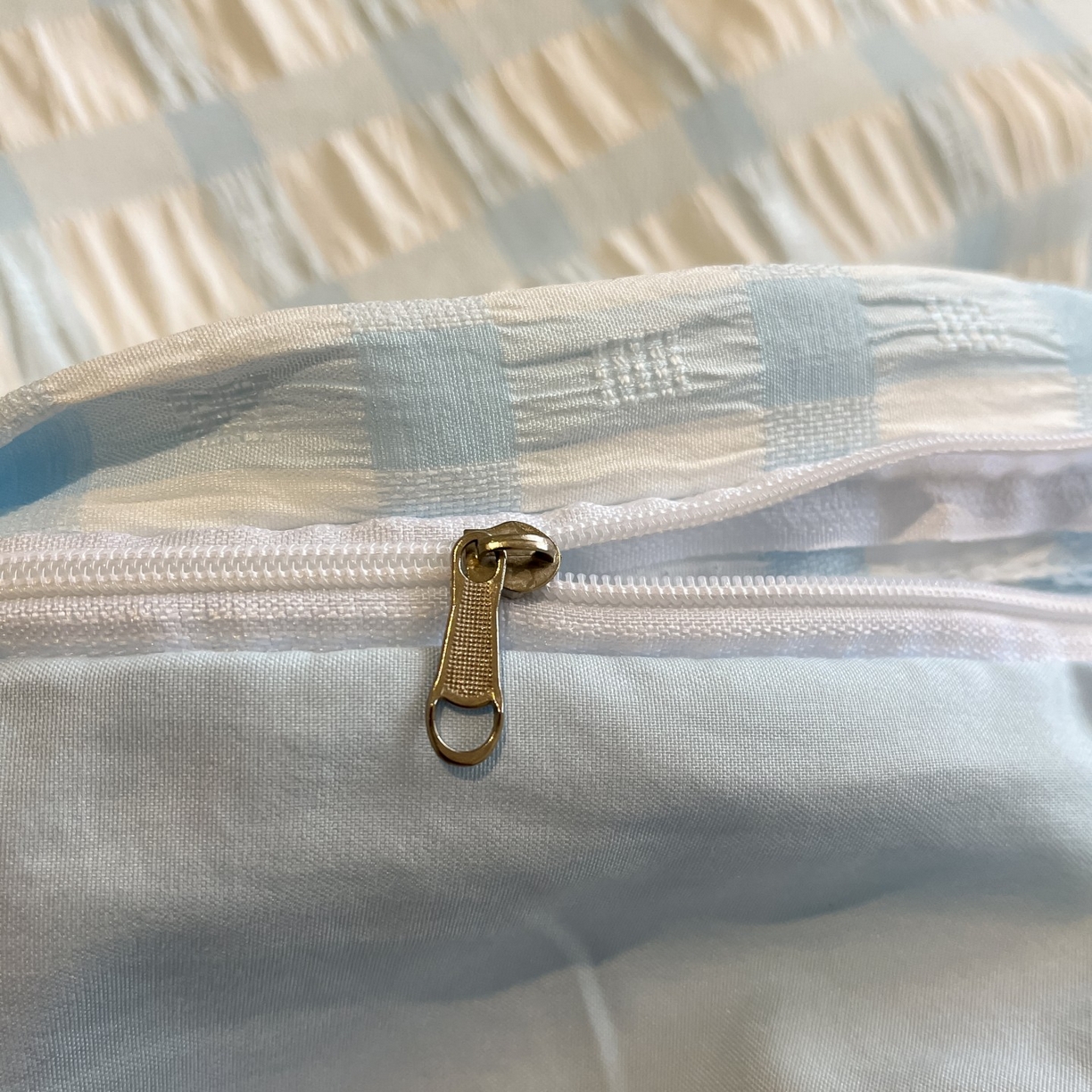 91家纺网 家纺一手货源 找家纺 顾里家纺 2025新款韩系格子阳离子泡泡纱四件套-第一组 天空蓝格