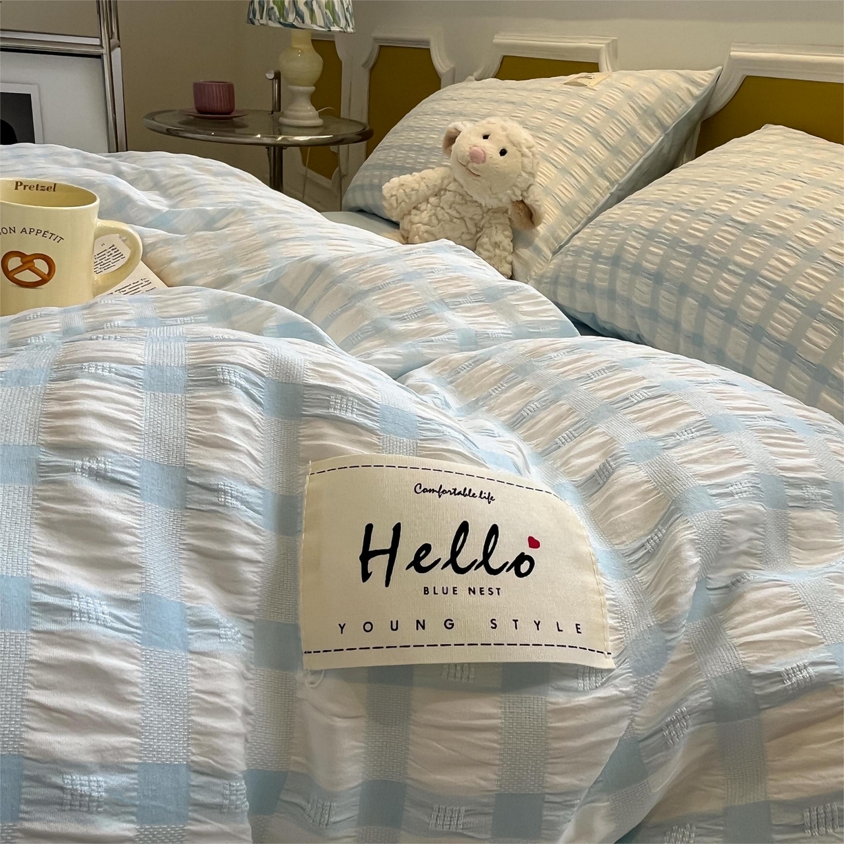 91家纺网 家纺一手货源 找家纺 顾里家纺 2025新款韩系格子阳离子泡泡纱四件套-第一组 天空蓝格