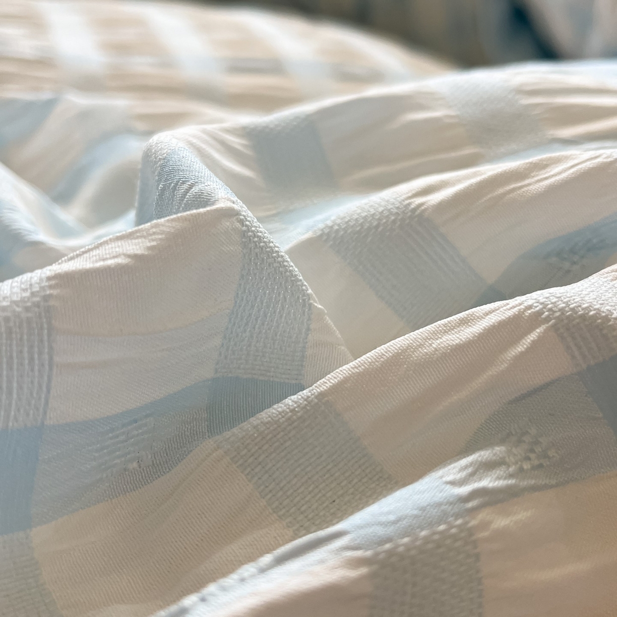 91家纺网 家纺一手货源 找家纺 顾里家纺 2025新款韩系格子阳离子泡泡纱四件套-第一组 天空蓝格