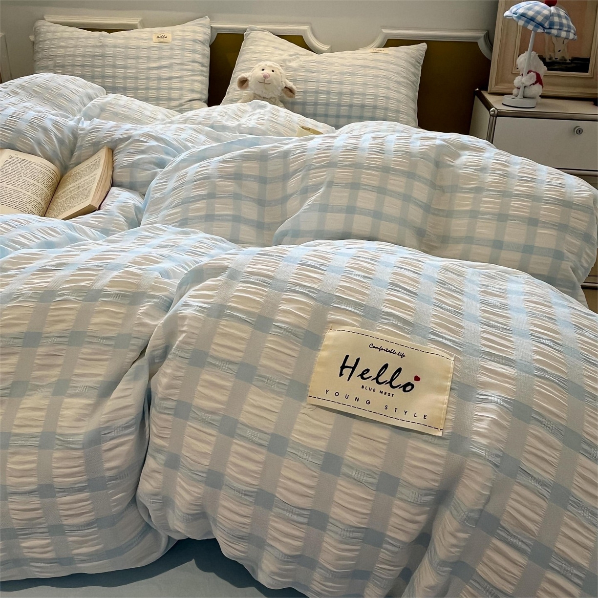 91家纺网 家纺一手货源 找家纺 顾里家纺 2025新款韩系格子阳离子泡泡纱四件套-第一组 天空蓝格