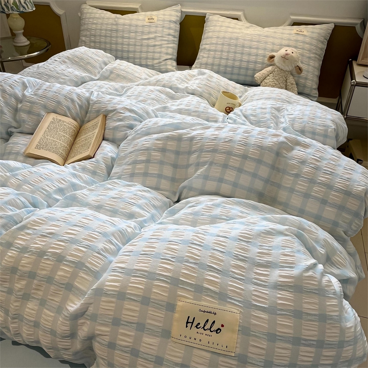 91家纺网 家纺一手货源 找家纺 顾里家纺 2025新款韩系格子阳离子泡泡纱四件套-第一组 天空蓝格