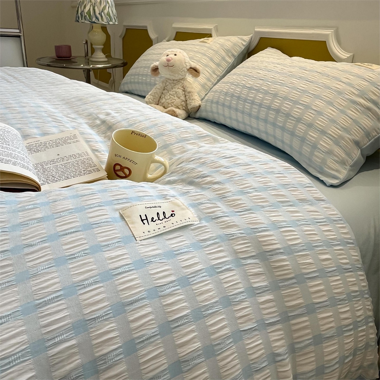 91家纺网 家纺一手货源 找家纺 顾里家纺 2025新款韩系格子阳离子泡泡纱四件套-第一组 天空蓝格