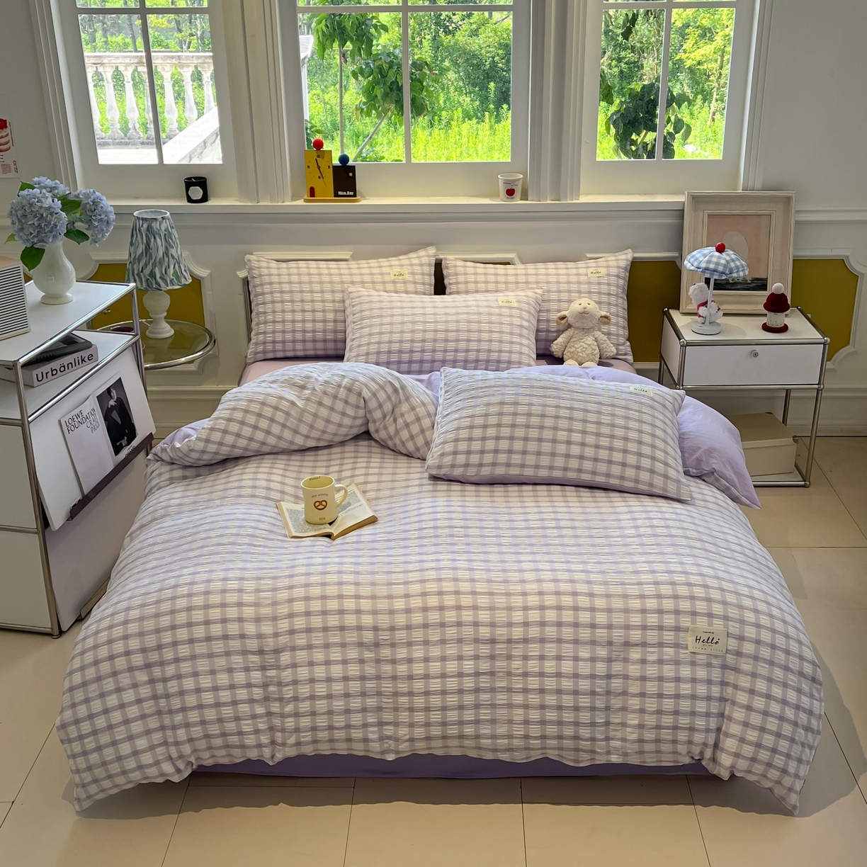 91家纺网 家纺一手货源 找家纺 顾里家纺 2025新款韩系格子阳离子泡泡纱四件套-第一组 香薰紫格
