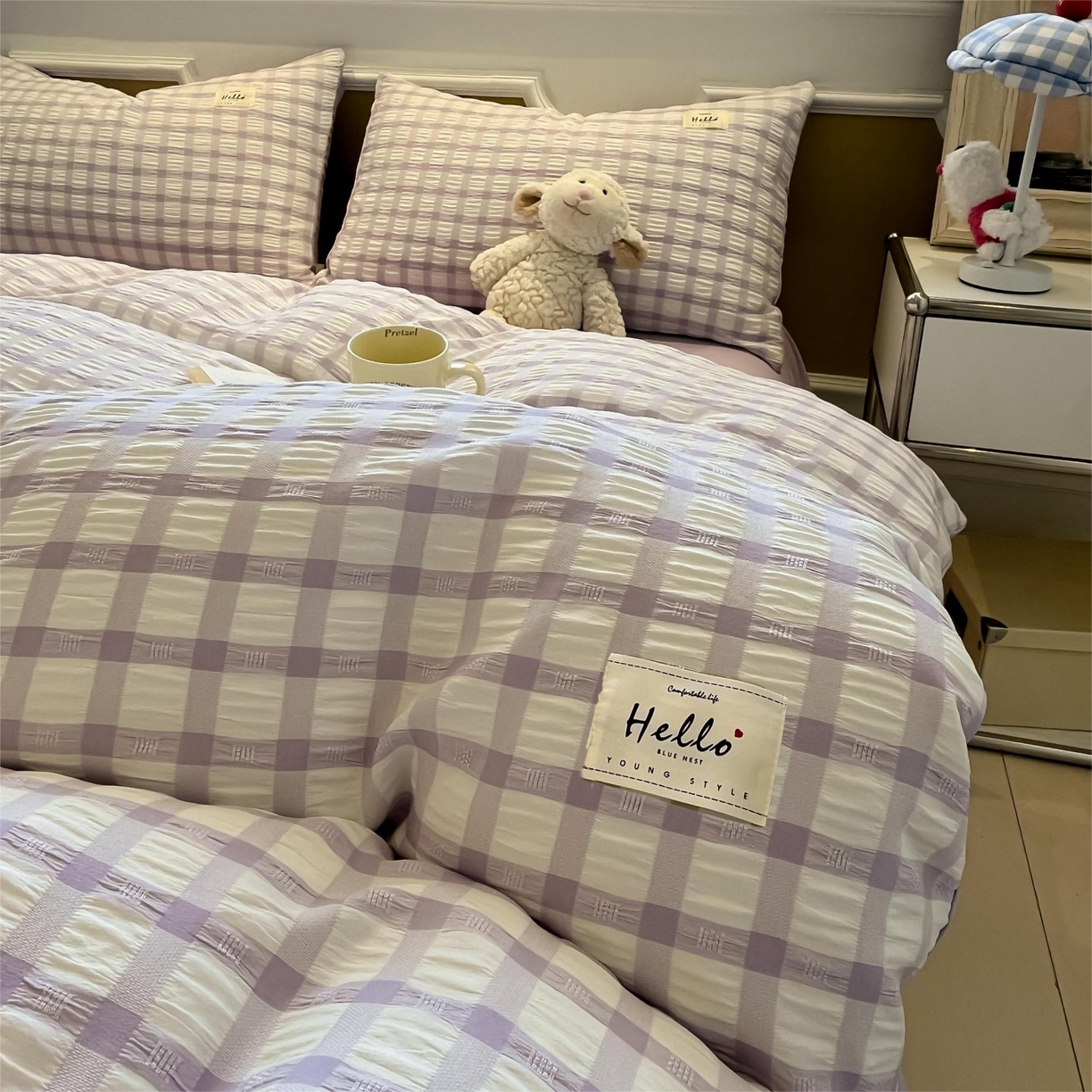 91家纺网 家纺一手货源 找家纺 顾里家纺 2025新款韩系格子阳离子泡泡纱四件套-第一组 香薰紫格