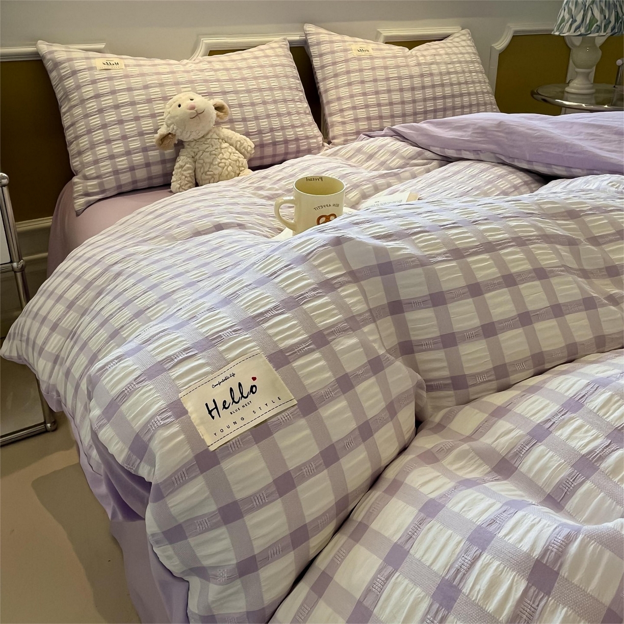 91家纺网 家纺一手货源 找家纺 顾里家纺 2025新款韩系格子阳离子泡泡纱四件套-第一组 香薰紫格