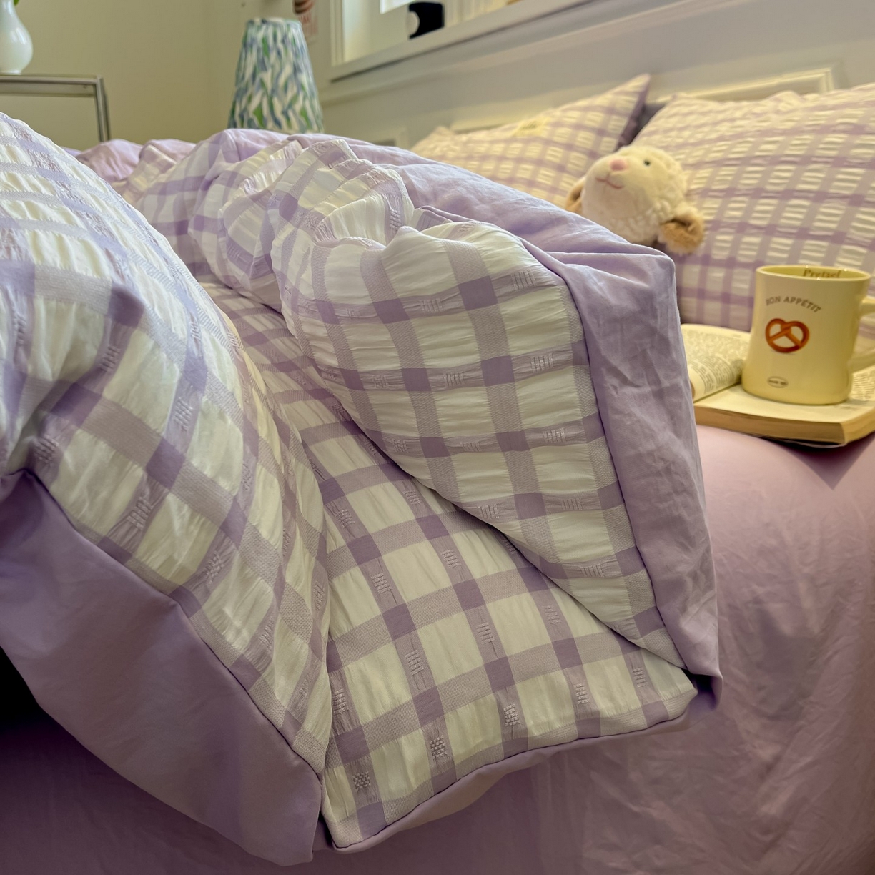 91家纺网 家纺一手货源 找家纺 顾里家纺 2025新款韩系格子阳离子泡泡纱四件套-第一组 香薰紫格