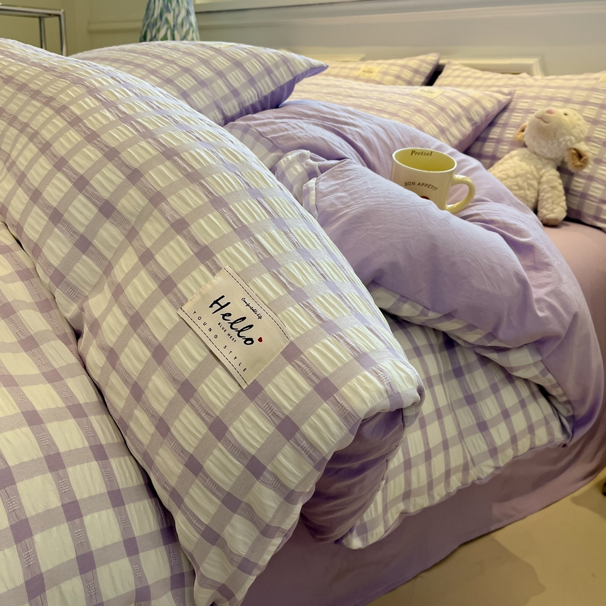 91家纺网 家纺一手货源 找家纺 顾里家纺 2025新款韩系格子阳离子泡泡纱四件套-第一组 香薰紫格