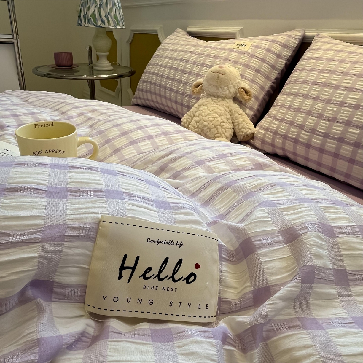 91家纺网 家纺一手货源 找家纺 顾里家纺 2025新款韩系格子阳离子泡泡纱四件套-第一组 香薰紫格