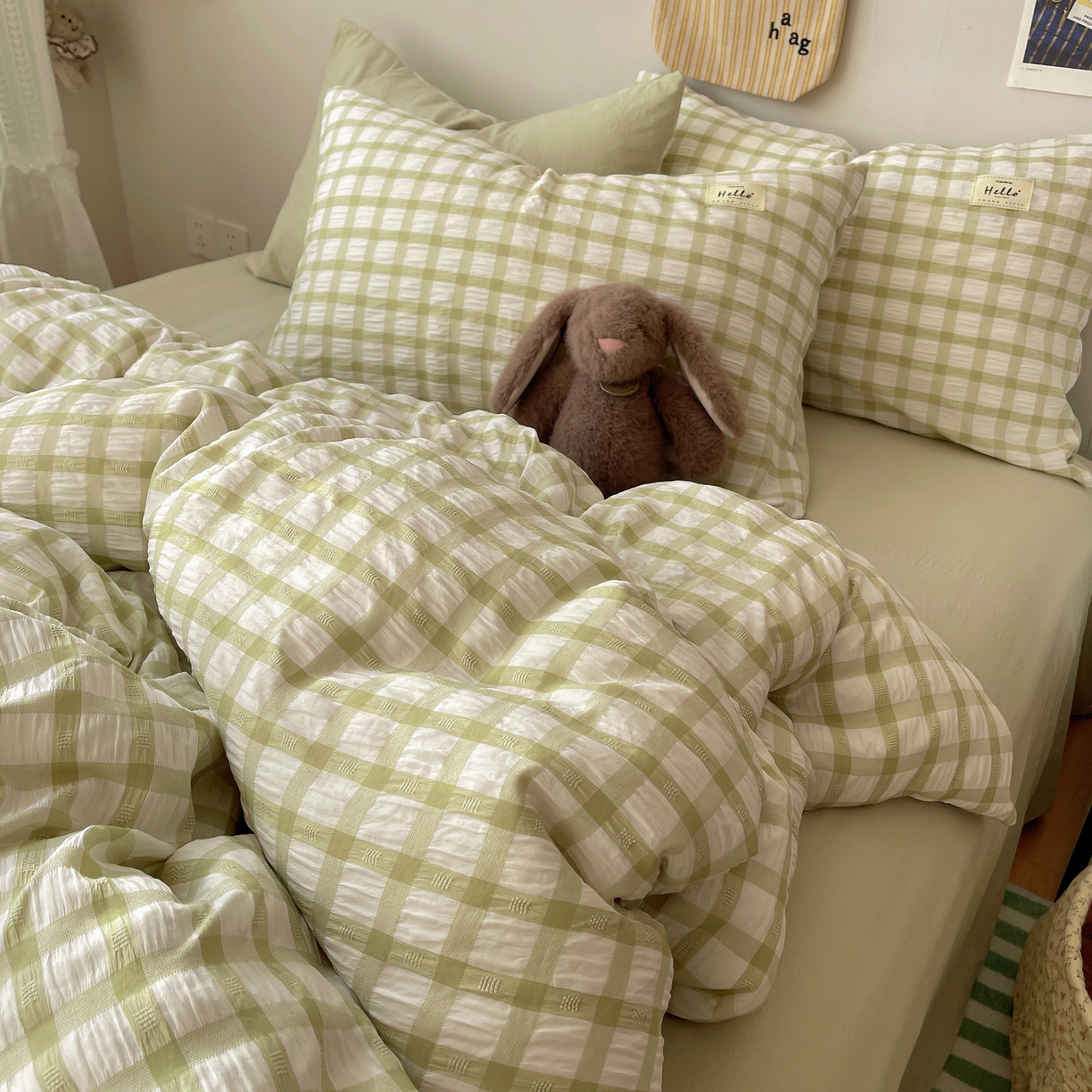 91家纺网 家纺一手货源 找家纺 顾里2025新款韩系格子阳离子泡泡纱四件套-第二组 薄荷绿格