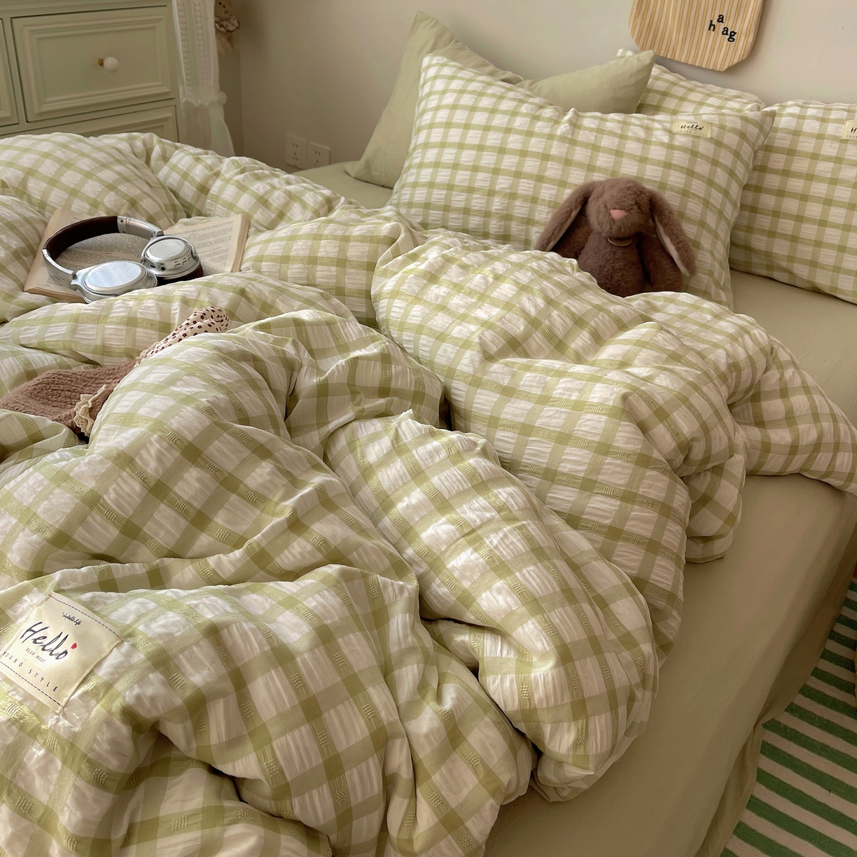 91家纺网 家纺一手货源 找家纺 顾里2025新款韩系格子阳离子泡泡纱四件套-第二组 薄荷绿格