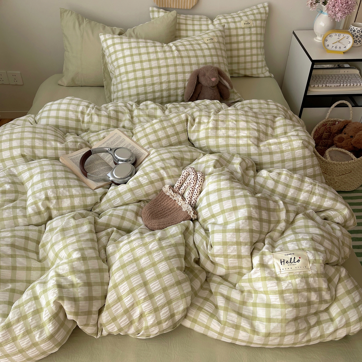 91家纺网 家纺一手货源 找家纺 顾里2025新款韩系格子阳离子泡泡纱四件套-第二组 薄荷绿格