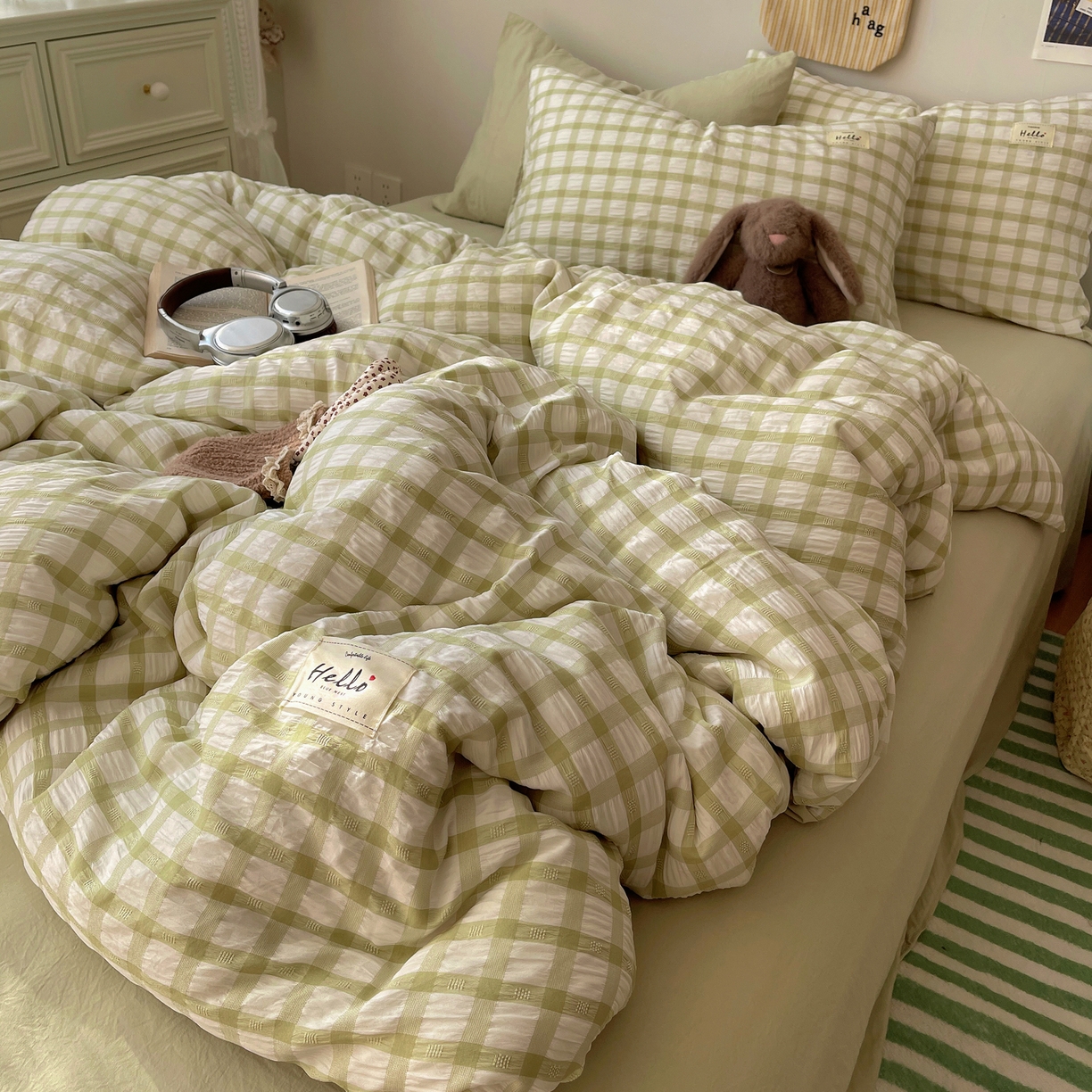 91家纺网 家纺一手货源 找家纺 顾里2025新款韩系格子阳离子泡泡纱四件套-第二组 薄荷绿格