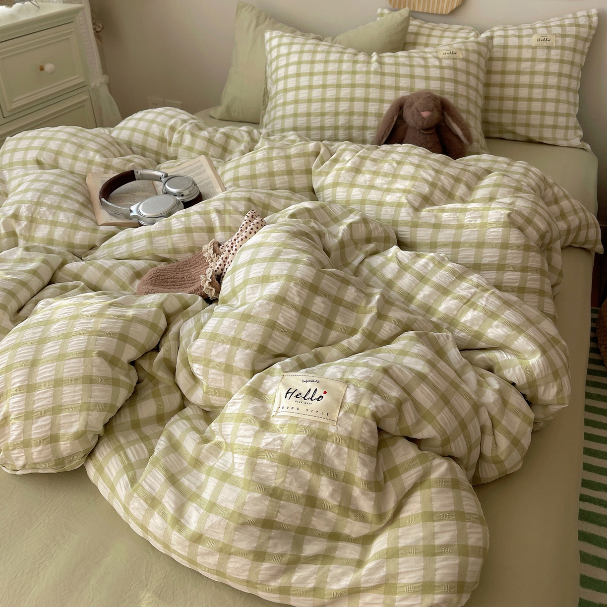 91家纺网 家纺一手货源 找家纺 顾里2025新款韩系格子阳离子泡泡纱四件套-第二组 薄荷绿格