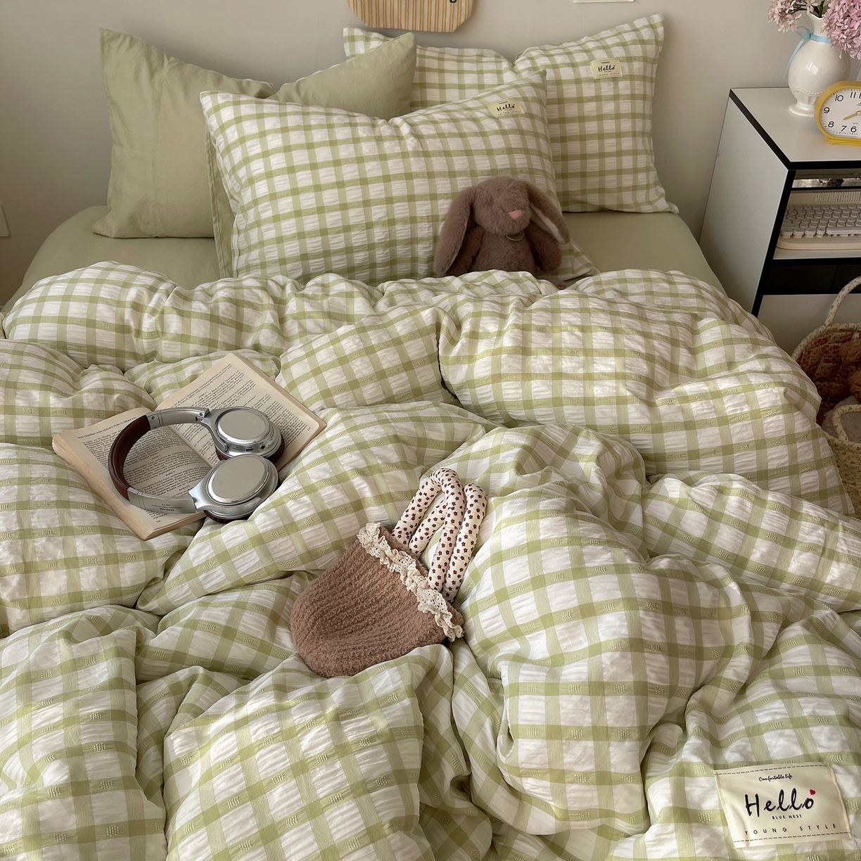91家纺网 家纺一手货源 找家纺 顾里2025新款韩系格子阳离子泡泡纱四件套-第二组 薄荷绿格