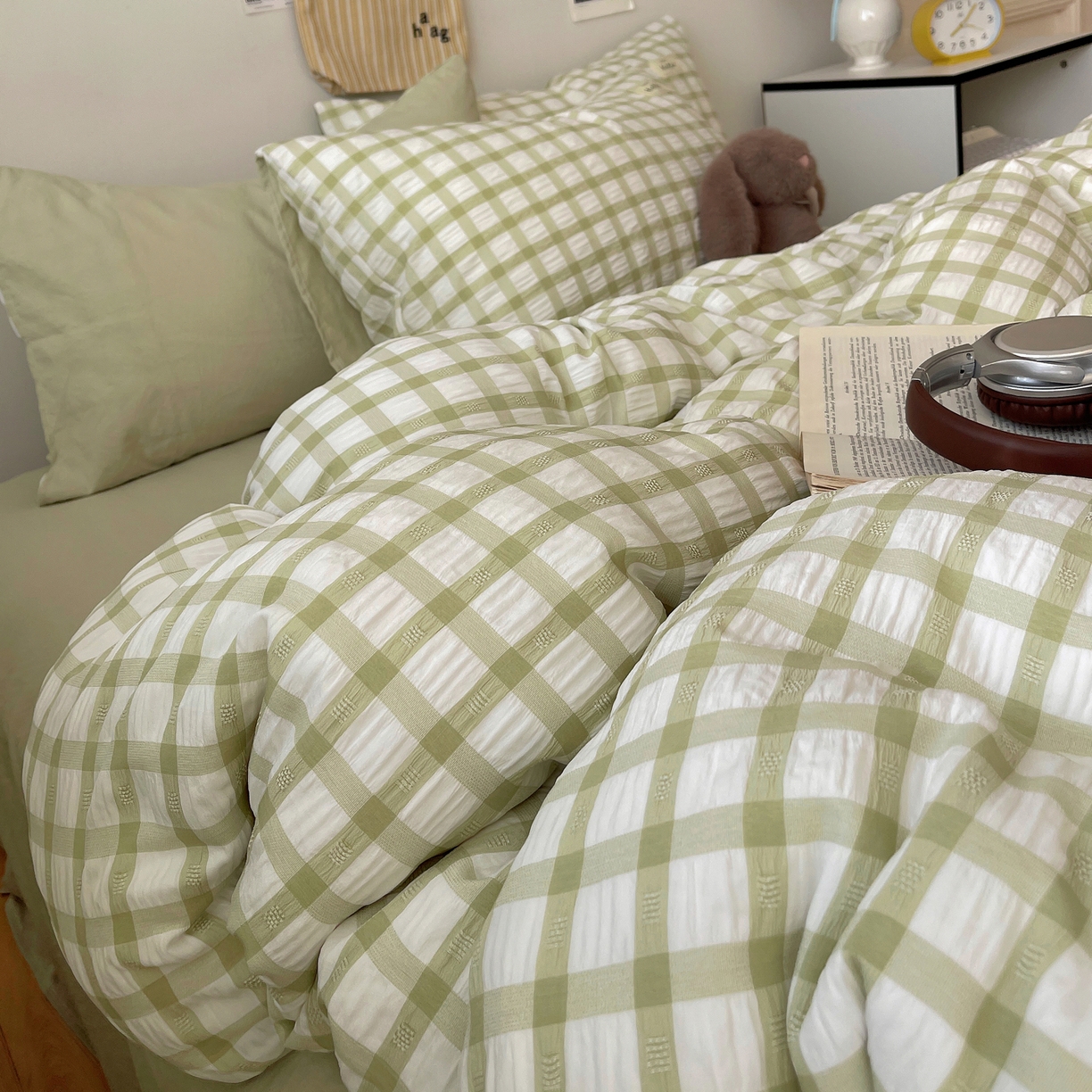 91家纺网 家纺一手货源 找家纺 顾里2025新款韩系格子阳离子泡泡纱四件套-第二组 薄荷绿格