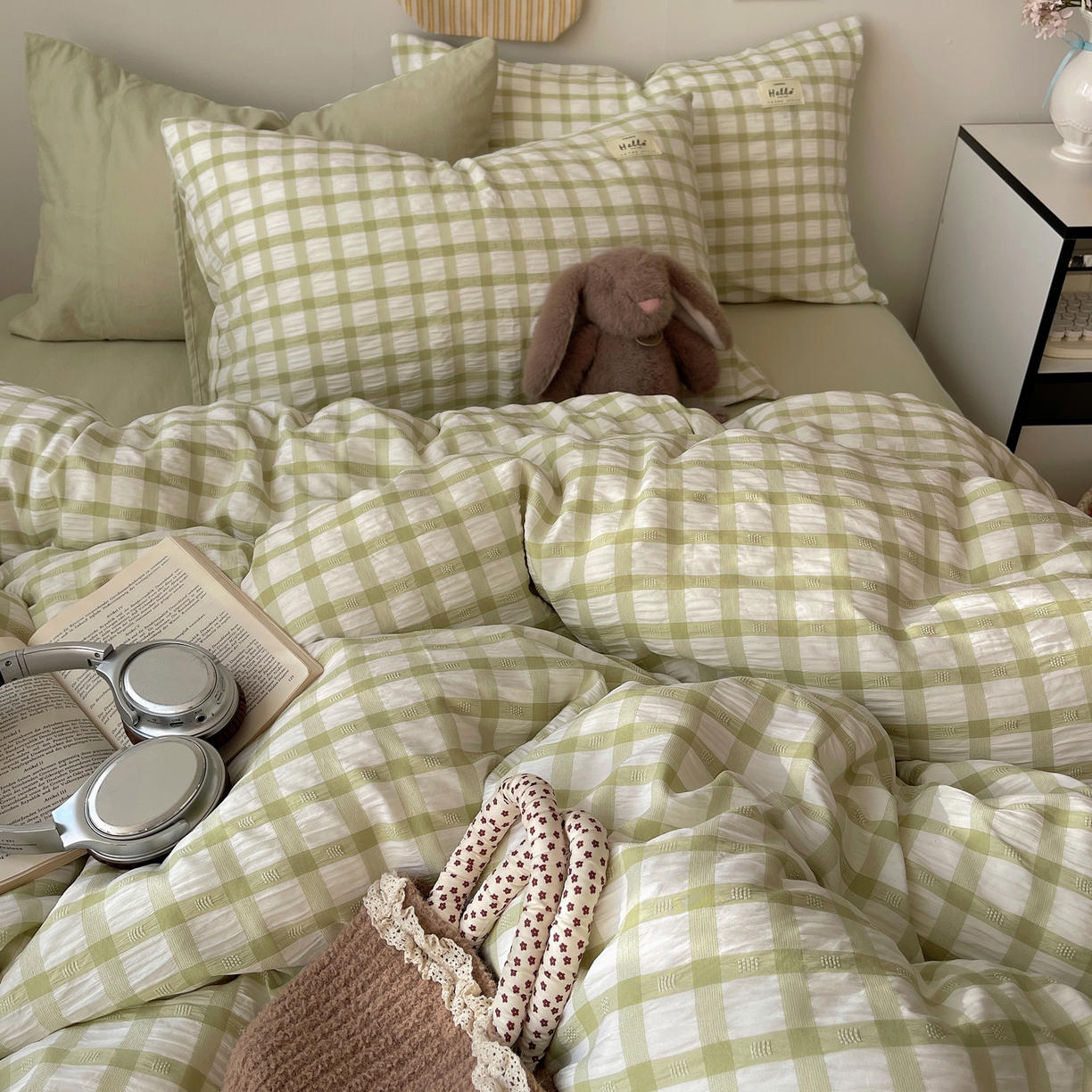 91家纺网 家纺一手货源 找家纺 顾里2025新款韩系格子阳离子泡泡纱四件套-第二组 薄荷绿格