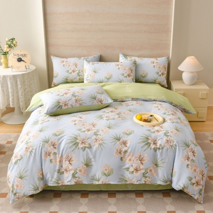 宇彬家纺 2026直播新款13070全棉纯棉印花床单床笠款四件套和单被套喷气清新简约（缩水足可定做） 花间水色