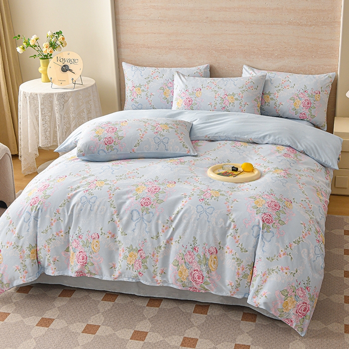 91家纺网 家纺一手货源 找家纺 宇彬家纺 2026直播新款13070全棉纯棉印花床单床笠款四件套和单被套喷气清新简约（缩水足可定做） 米蓝韵花影