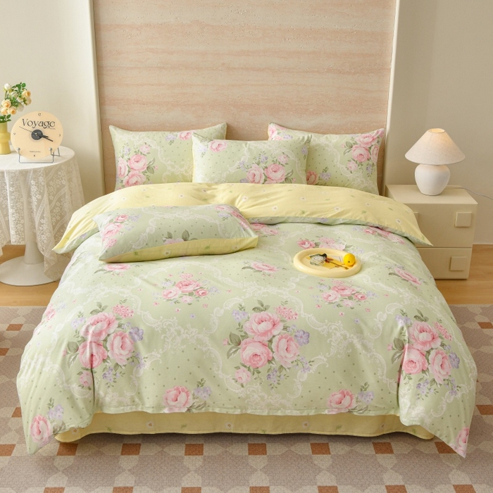 宇彬家纺 2026直播新款13070全棉纯棉印花床单床笠款四件套和单被套喷气清新简约（缩水足可定做） 米绿韵粉黛