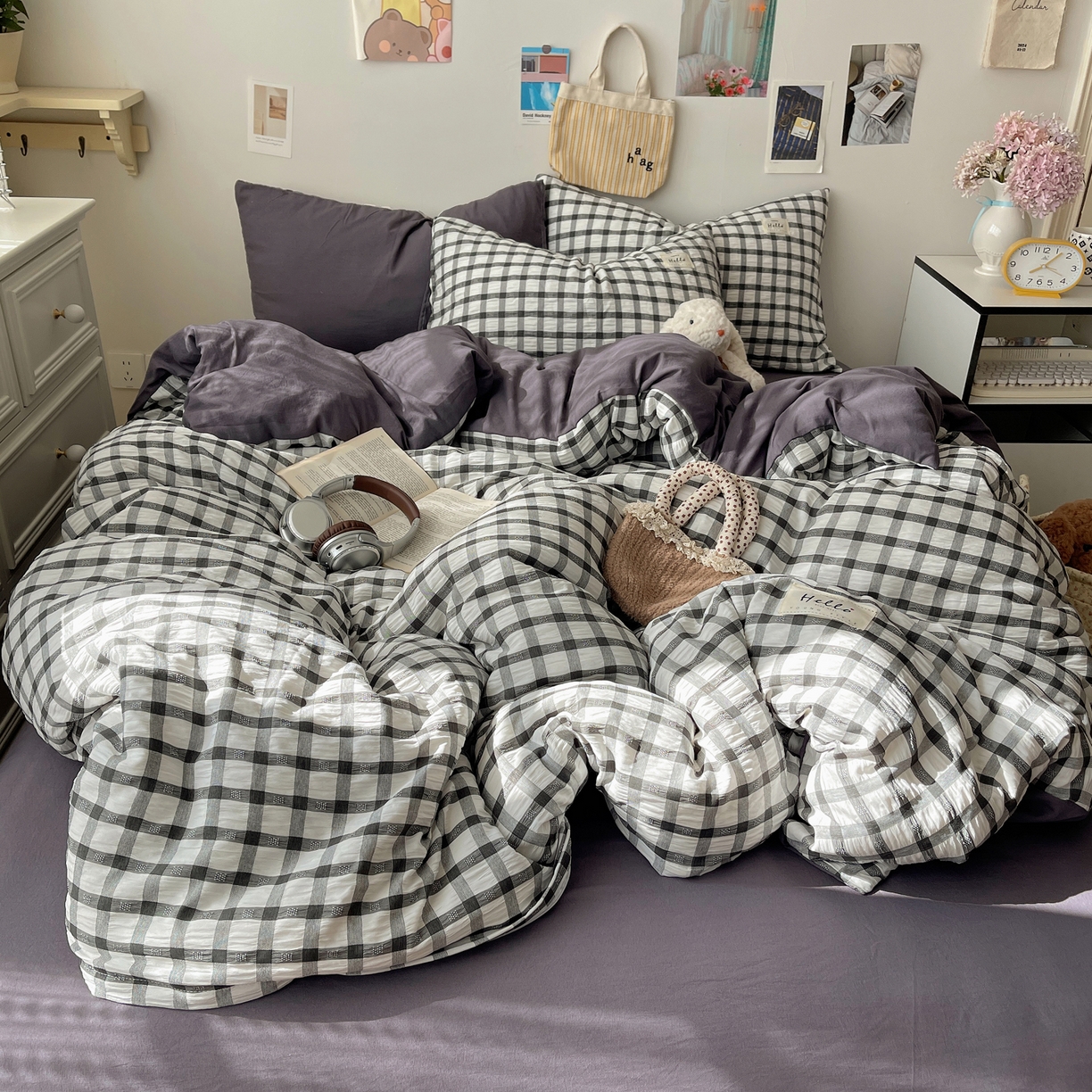 91家纺网 家纺一手货源 找家纺 顾里2025新款韩系格子阳离子泡泡纱四件套-第二组 经典黑格