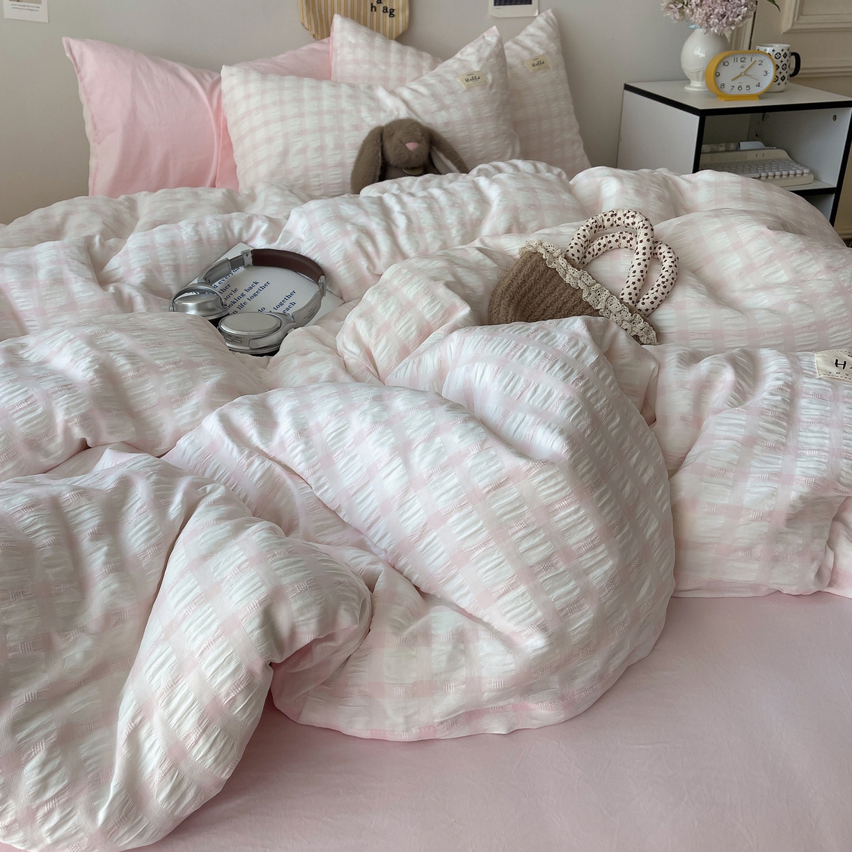 顾里2025新款韩系格子阳离子泡泡纱四件套-第二组 少女粉格