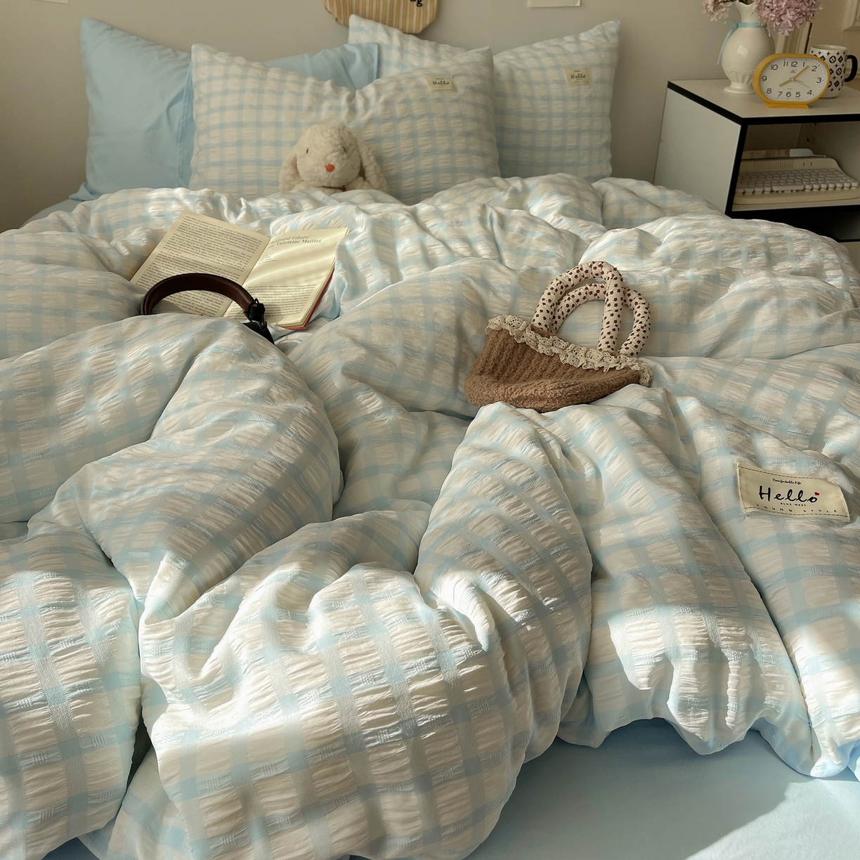顾里2025新款韩系格子阳离子泡泡纱四件套-第二组 天空蓝格