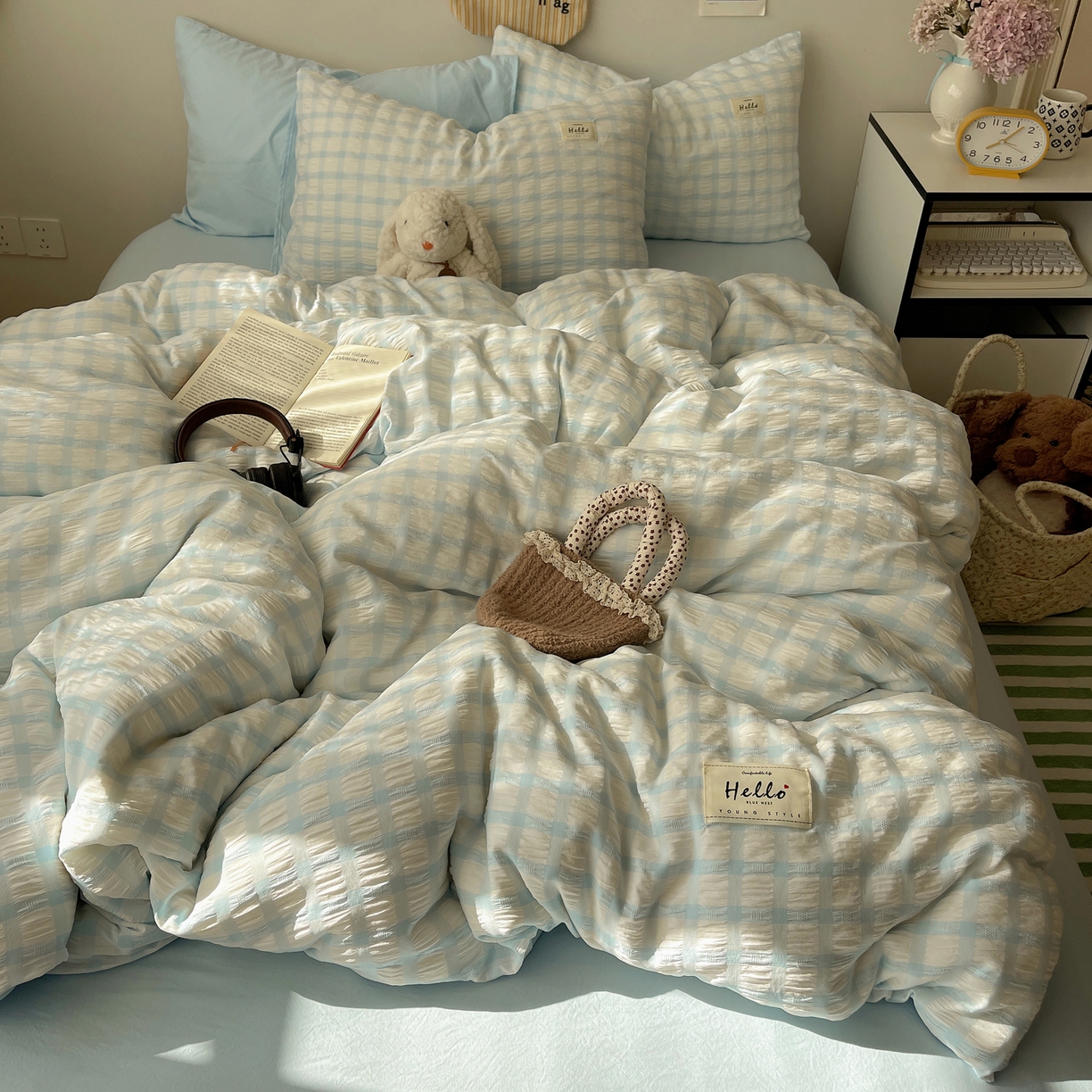 91家纺网 家纺一手货源 找家纺 顾里2025新款韩系格子阳离子泡泡纱四件套-第二组 天空蓝格