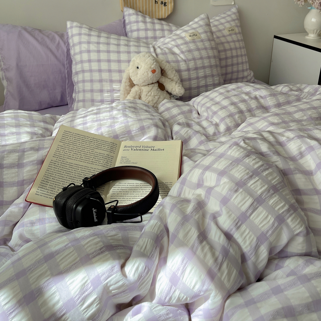 91家纺网 家纺一手货源 找家纺 顾里2025新款韩系格子阳离子泡泡纱四件套-第二组 薰衣紫格