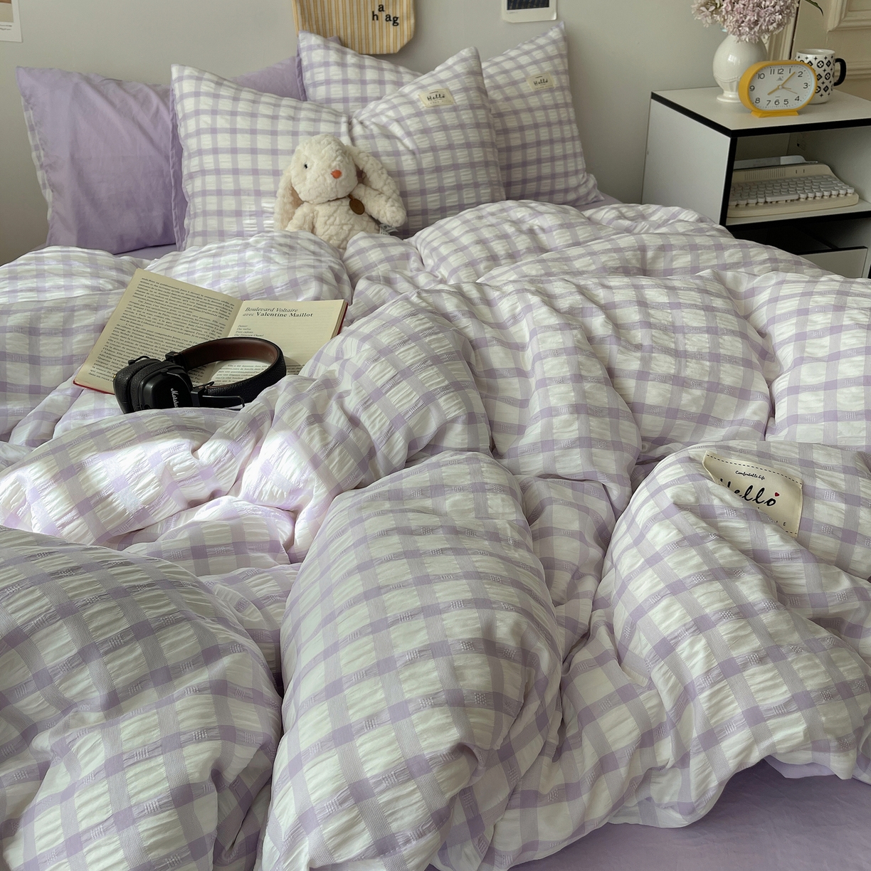 91家纺网 家纺一手货源 找家纺 顾里2025新款韩系格子阳离子泡泡纱四件套-第二组 薰衣紫格