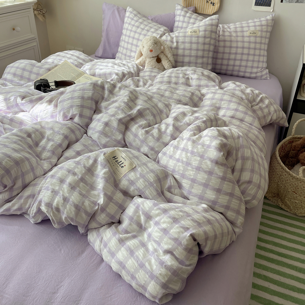 91家纺网 家纺一手货源 找家纺 顾里2025新款韩系格子阳离子泡泡纱四件套-第二组 薰衣紫格