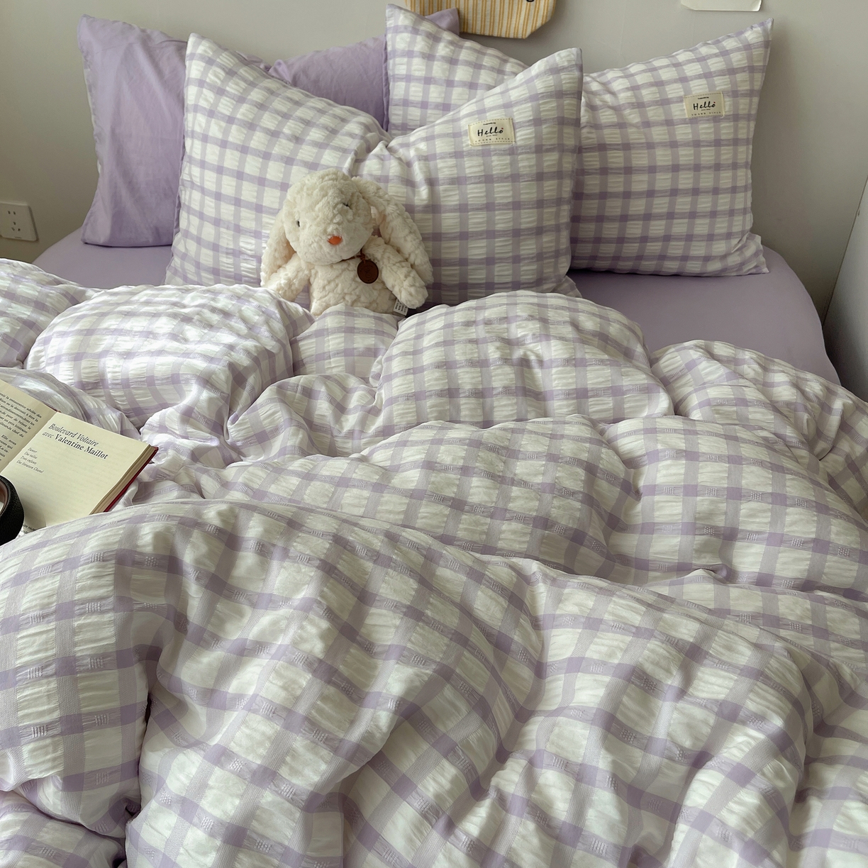 91家纺网 家纺一手货源 找家纺 顾里2025新款韩系格子阳离子泡泡纱四件套-第二组 薰衣紫格