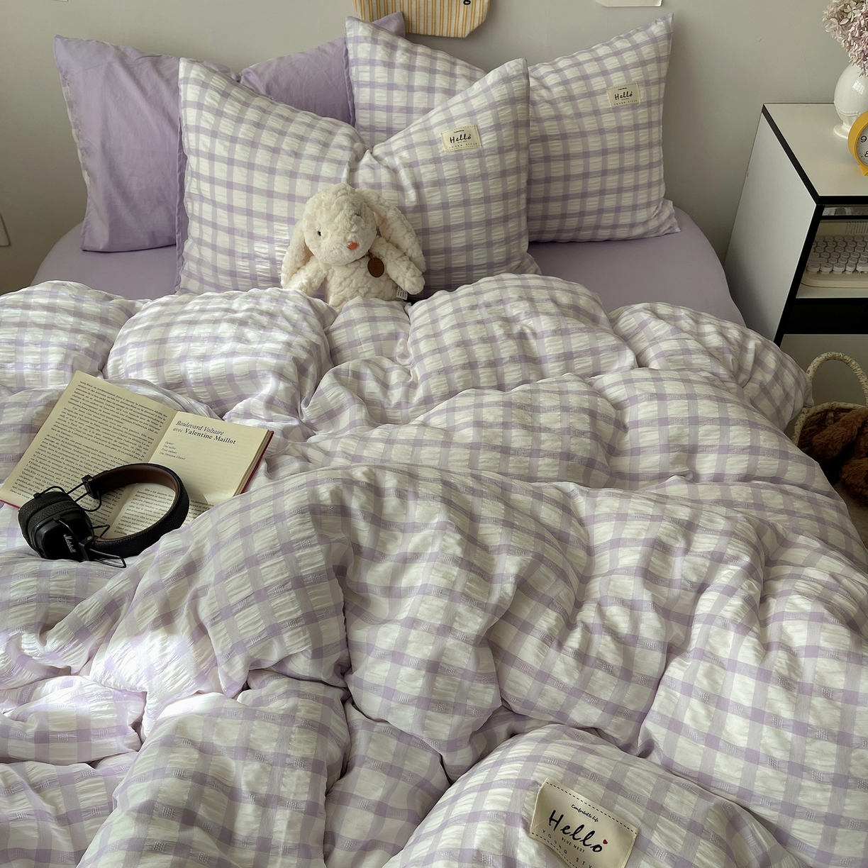 91家纺网 家纺一手货源 找家纺 顾里2025新款韩系格子阳离子泡泡纱四件套-第二组 薰衣紫格