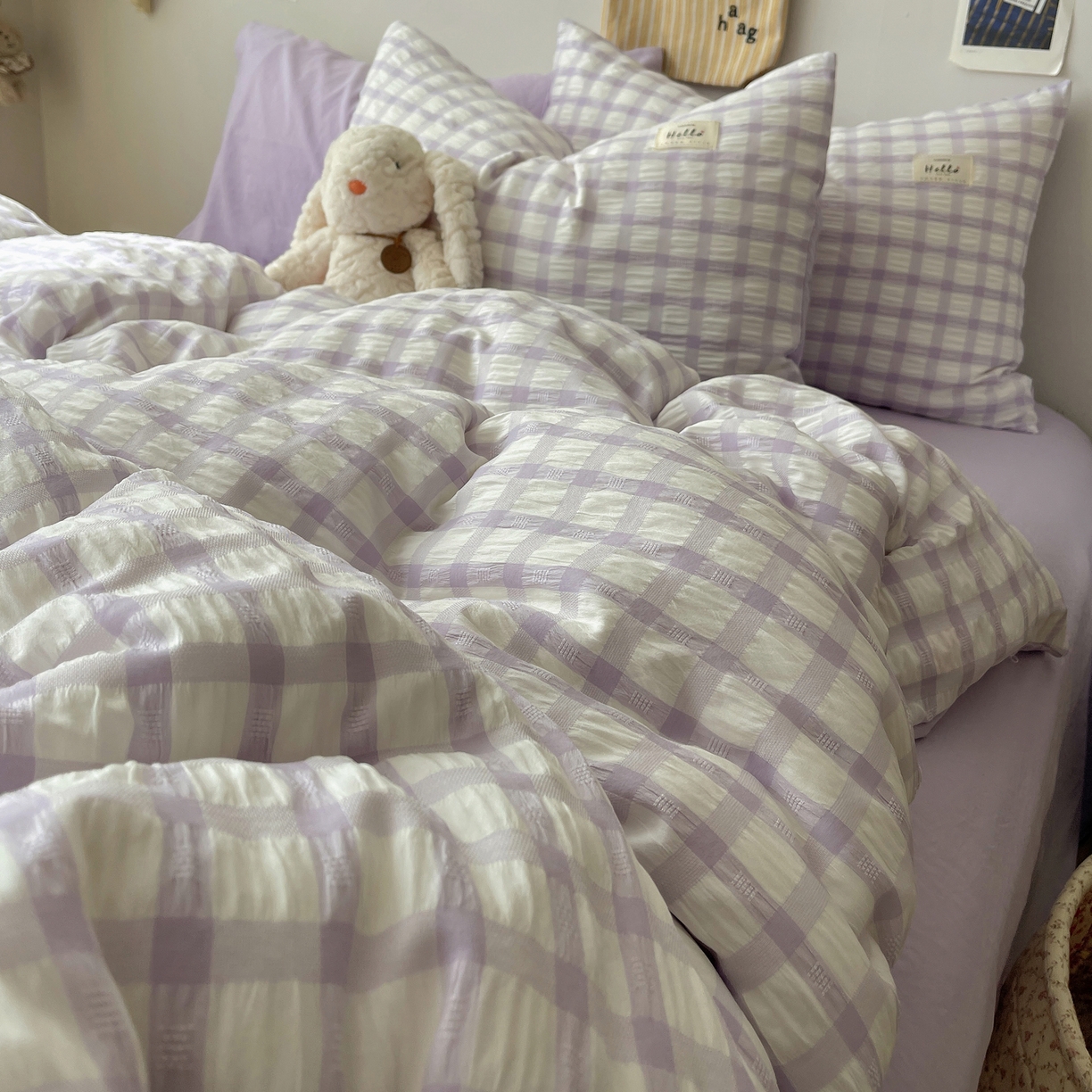 91家纺网 家纺一手货源 找家纺 顾里2025新款韩系格子阳离子泡泡纱四件套-第二组 薰衣紫格