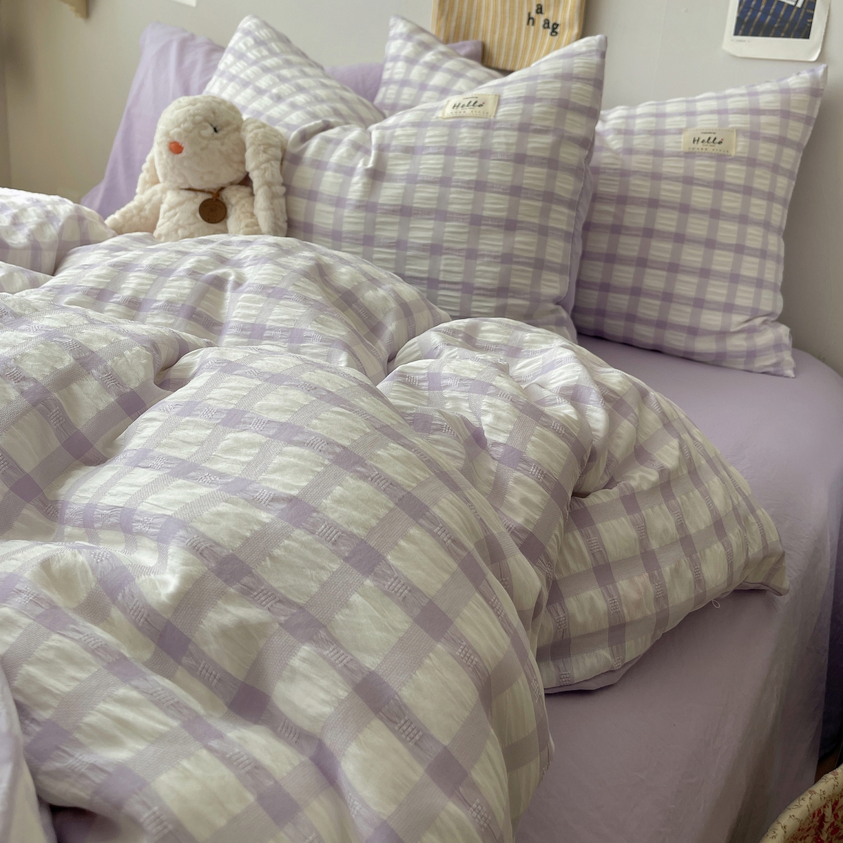 91家纺网 家纺一手货源 找家纺 顾里2025新款韩系格子阳离子泡泡纱四件套-第二组 薰衣紫格