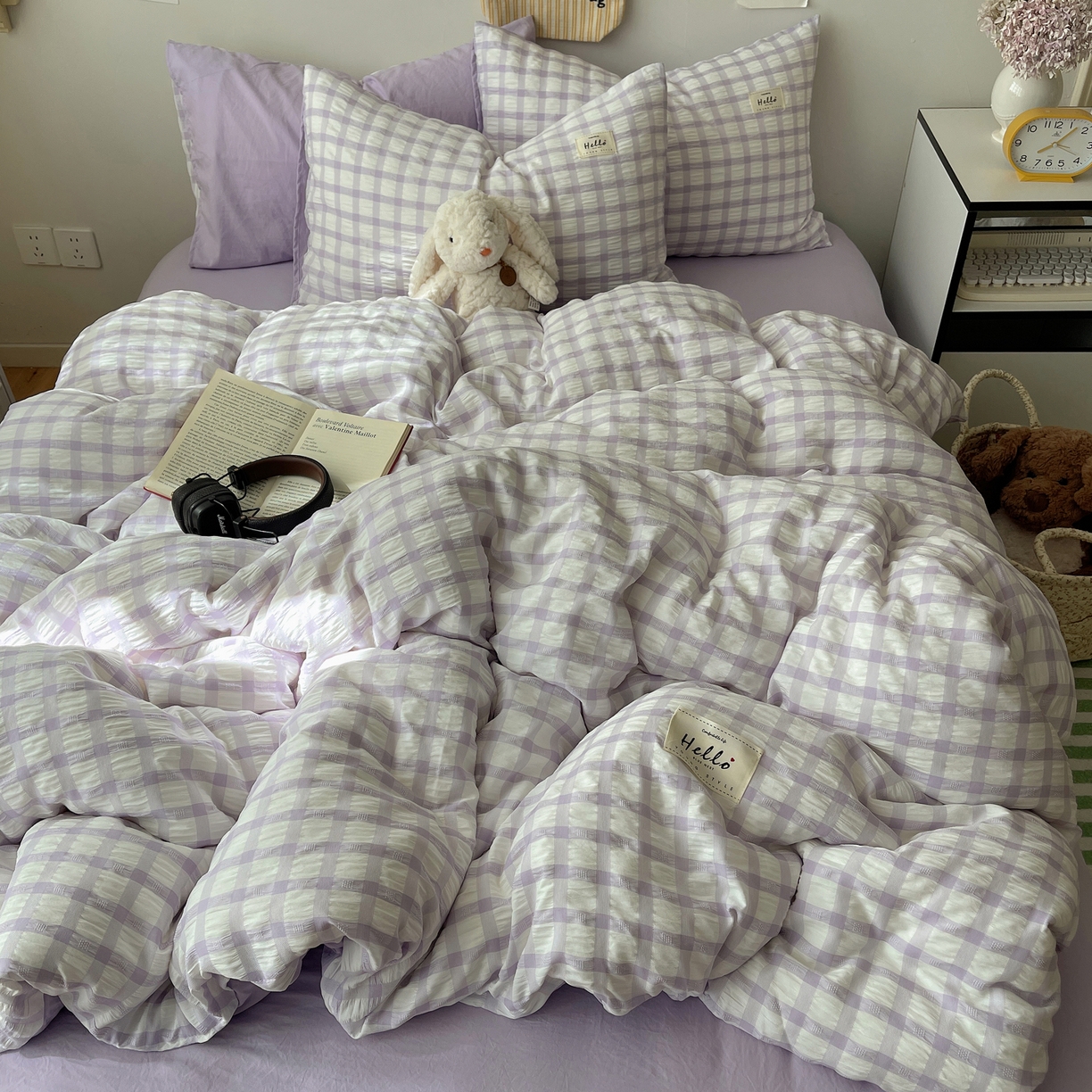 91家纺网 家纺一手货源 找家纺 顾里2025新款韩系格子阳离子泡泡纱四件套-第二组 薰衣紫格