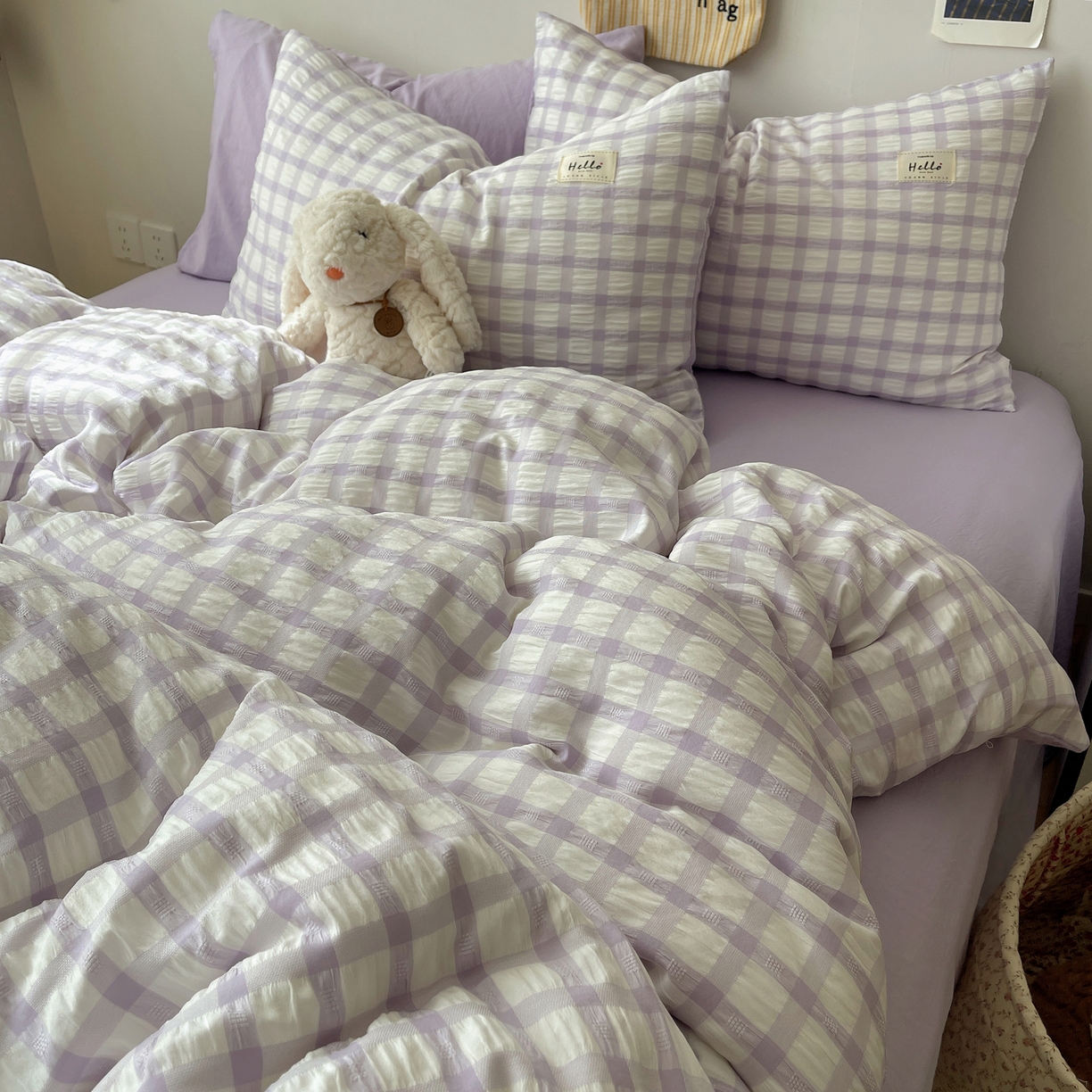 91家纺网 家纺一手货源 找家纺 顾里2025新款韩系格子阳离子泡泡纱四件套-第二组 薰衣紫格