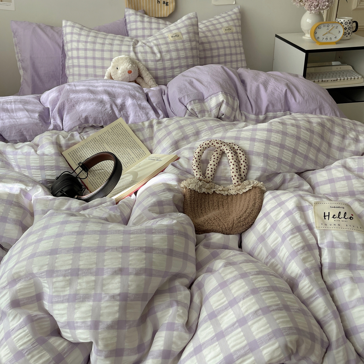 91家纺网 家纺一手货源 找家纺 顾里2025新款韩系格子阳离子泡泡纱四件套-第二组 薰衣紫格