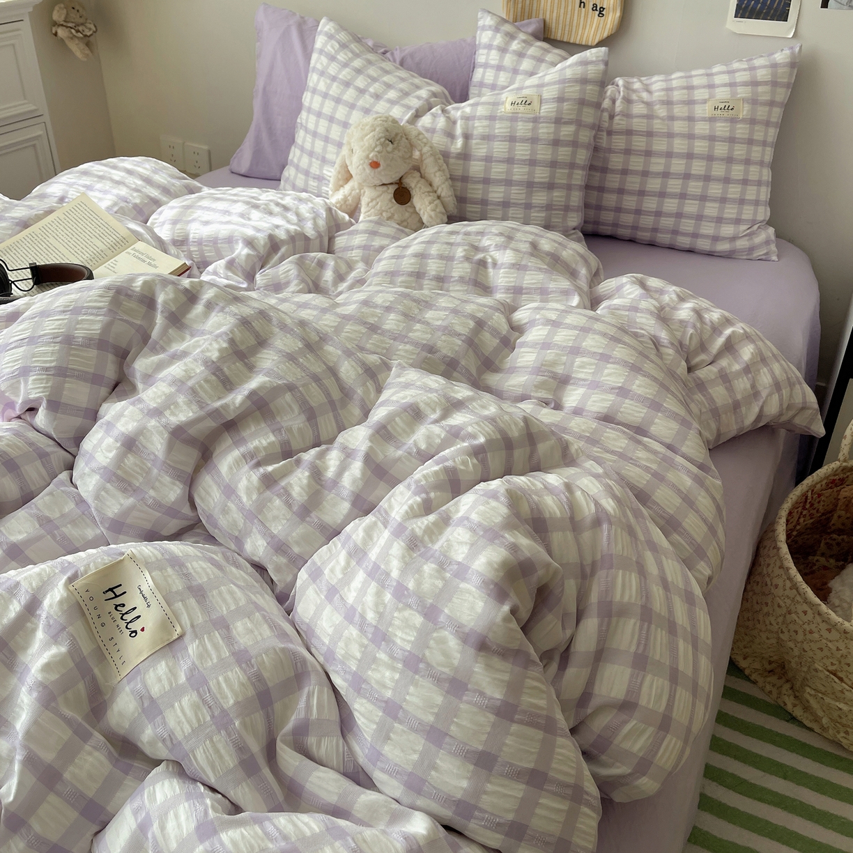 91家纺网 家纺一手货源 找家纺 顾里2025新款韩系格子阳离子泡泡纱四件套-第二组 薰衣紫格