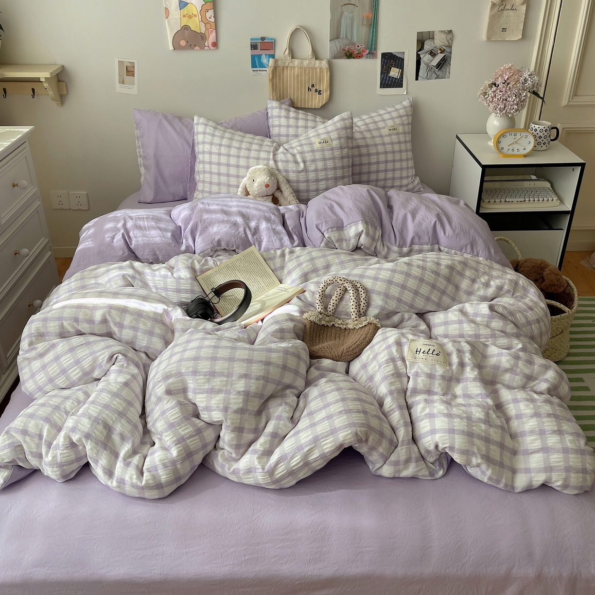 91家纺网 家纺一手货源 找家纺 顾里2025新款韩系格子阳离子泡泡纱四件套-第二组 薰衣紫格