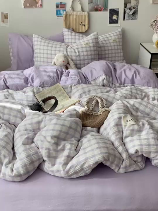 91家纺网 家纺一手货源 找家纺 顾里2025新款韩系格子阳离子泡泡纱四件套-第二组 薰衣紫格